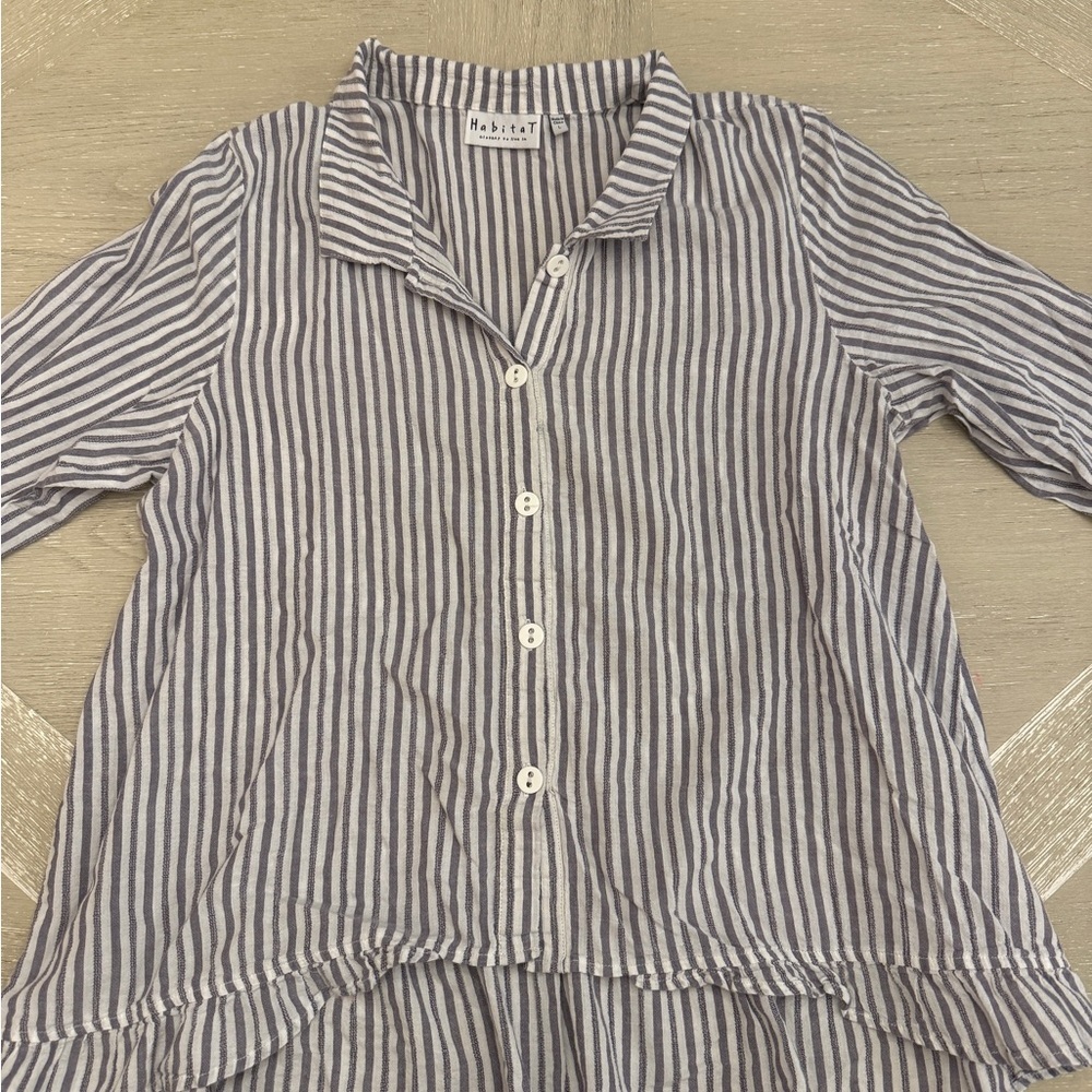 Habitat Gray and White Striped Button Down Shirt with ruffle